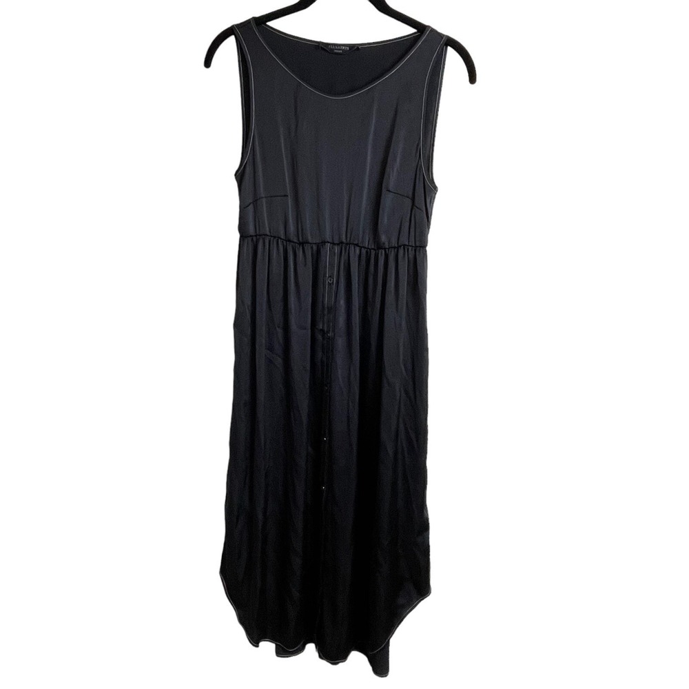 AllSaints Kowlo Shirt Dress Black Satin Sleeveless Contrast Stitch Size Small